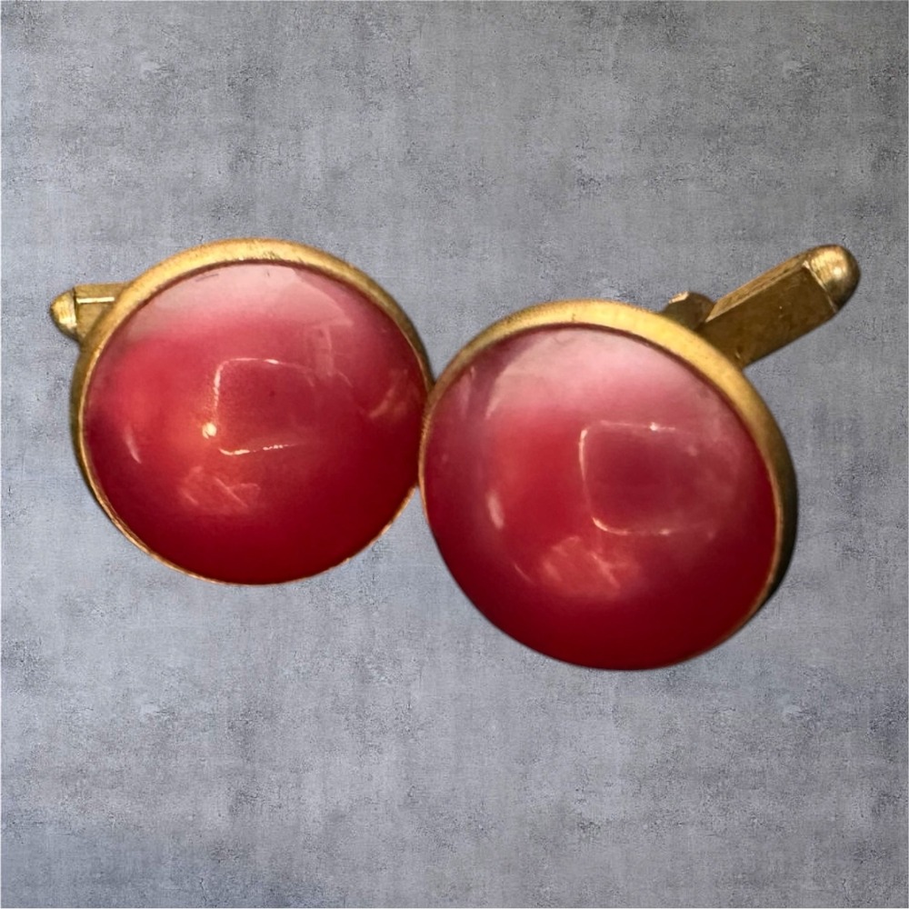 Vintage Pink Dome Cufflinks Gold Tone Round Lucite Pearl Look